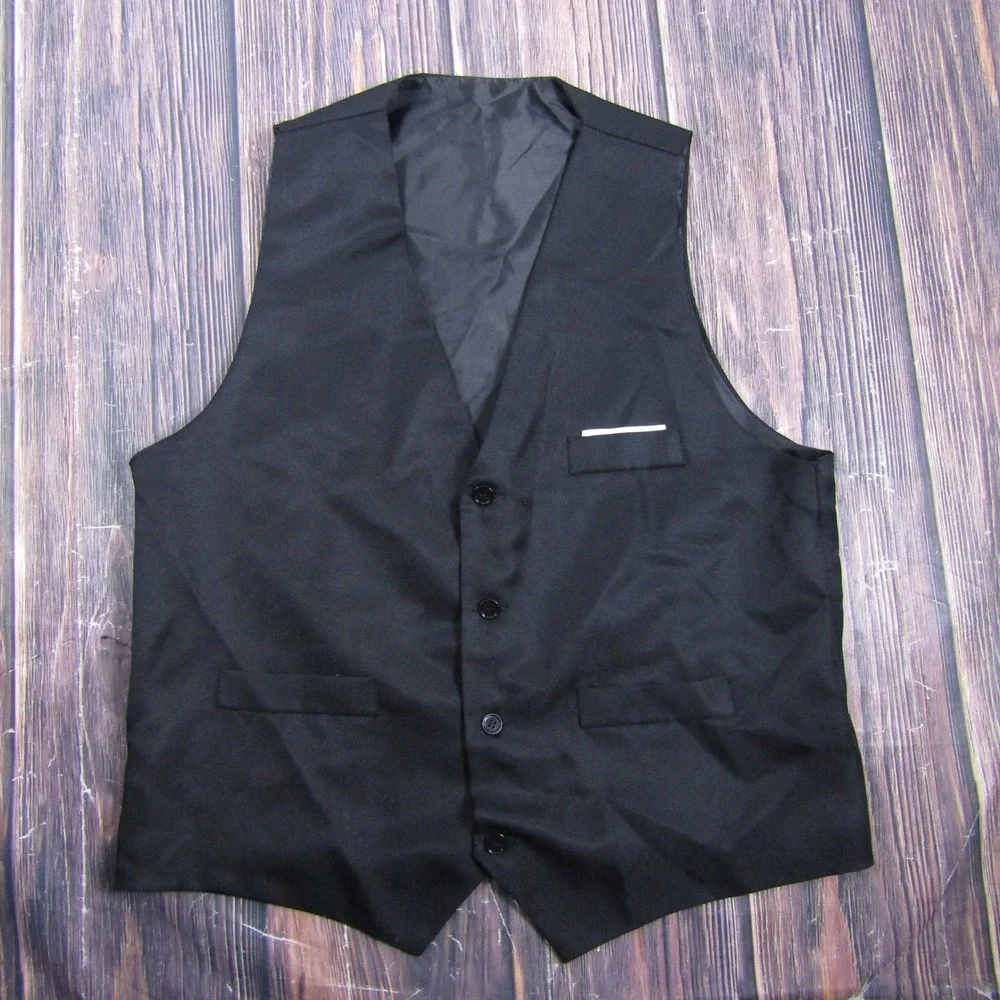 Suit Vest Men L Black Formal Waistcoat Adjustable Back Cinch 3 Piece Wedding